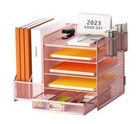 Restorgan Desk Organizer With File Holder, 5-Tier Paper Tray With Drawer and 2 Pen Holders, Mesh Desk File Organizer With Magazine Holder for Home Office Supplies (Pink)