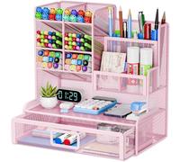Restorgan Mesh Desk Organiser, 12 Compartments Mesh Pen Holder with Drawer, Pen Holder, Pen Box, Multifunctional Desk Organiser for Home Office Supplies (Pink)