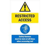 Restricted access, safety harness must be worn at all times when accessing roof, safety sign - 1mm flexible Plastic sign (300mm x 200mm)