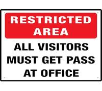 Restricted Area All Visitors Must Get Pass At Office 12X8 Inches Metal Aluminum Signs, Weather Resistant, Weatherproof, Indoor Or Outdoor