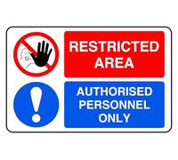 Restricted Area Authorised Personl Only - safety sign - High tack self-adhesive sticker (200mm x 150mm) Viewing Distance within 5m.
