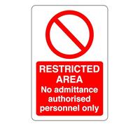 Restricted Area No Admittance Authorised Personl Only - safety sign - High tack self-adhesive sticker (200mm x 150mm) Viewing Distance within 5m.