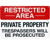 Restricted Area Private Property Trespassers Will Be Prosecuted Vintage Style Warning Metal Sign Tin Signs Aluminum Sign for Outdoors Use Yard Farm Fence Home Wall Decor 12x16 inch