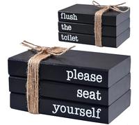 Restroom Bathroom Decor for Shelves, Funny Wooden Farmhouse Mini Book Stack for Bathroom Toilet Shelf Sign Decor Two-Sided Tabletop Decorative Set of 3 (black)