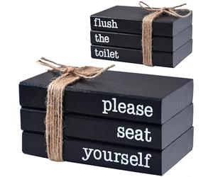 Restroom Bathroom Decor for Shelves, Funny Wooden Farmhouse Mini Book Stack for Bathroom Toilet Shelf Sign Decor Two-Sided Tabletop Decorative Set of 3 (black)