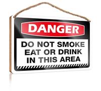 Restroom Decor Plaque/Flat Print On Wood - Please Knock & Cool Decor | Laundry Decor For Laundry Room For Danger Do Not Smoke, Eat Or Drink In This Area