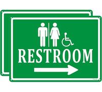RESTROOM Sign RIGHT ARROW,for Man & Women Unisex,for Office or Business Bathroom and Toilet Door or Wall, 14 x10 inches Metal Reflective Rust Aluminum UV Protected Waterproof Sturdy Easy Mounting