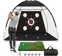 RESTSUKO Golf Net 10x7FT with Golf Practice Mat, Durable for Backyard Driving Chipping Training Outdoor or Indoor, Includes 3-in-1 Turf Golf Mat, Balls*5, Tee, Ground Stakes*4, Carry Bag