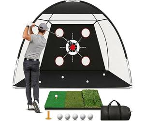 RESTSUKO Golf Net 10x7FT with Golf Practice Mat, Durable for Backyard Driving Chipping Training Outdoor or Indoor, Includes 3-in-1 Turf Golf Mat, Balls*5, Tee, Ground Stakes*4, Carry Bag