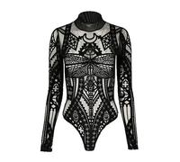 Restyle Clothing Cathedral Dragonfly Womens Body Gothic Occult Witchy Black Long Sleeve Top, Velvet Mesh Bodysuit