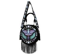 Restyle Enchanted Forest Round Bag Gemstone Velvet Tassels Moth Embroidery, black, One Size
