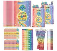 Resurhang 200 Pcs Color the World with Kindness Assorted Items Bulk 50 Set Kindness Week Plastic Goody Bag Bookmark Pencil Be Kind Bracelets Accessories for Anti Bullying Month Party Favor
