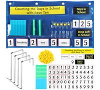 Resurhang Back to School Counting the Days with Base Ten Pocket Chart Place Value, Counting Caddie Pocket Chart for Classroom Bulletin Board School or Home Decor, 4 Hooks(Blue,Classic Style)
