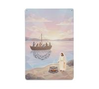 Resurrection Fishing Miracle Bible Jesus Disciples Gospel Metal Tin Sign Plaque Wall Decor for Cafe, Man Cave, Club Bar, Office, Home Garden Round Metal Poster 8x12Inch