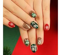 Resweky French Christmas Print on Nails 24 Pcs Snowflake Medium Short False Nails Shiny Artificial Fake Nails CuteMan Full Cover Acrylic Nails for Women (Green)