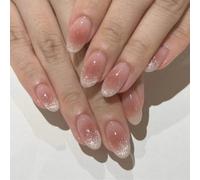 Resweky Long Oval False Nail Pink Nude Cat Eye False Nails French Shiny Nail Print on Nails for Women and Girls