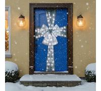 Extra Large Deluxe Christmas Fabric Door Bow & Ribbon Full Wrap White LED Light Traditional Wedding Xmas Party Gifts Outdoor Front Door (Grey with LED Lights)