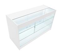 White Shop Counter LED Light K 1500mm Lockable Sliding Doors 2 Keys Retail Storage Unit Glass Display Showcase Cabinet Reception Desk Clothing Jewellery Store 3 Shelves Cool Lighting