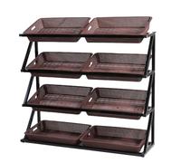 Retail Display Rack Market Shelf 4 Tier,with 8 Baskets, Commercial Supermarket Fruit Vegetable Shelf Organizer, With Detachable Storage Box Beveled Mouth(Brown)