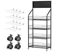 Retail Display Rack with Wheels, 15 Hooks, 4 or 5 Tier Black Metal Snack Shelf Stand for Crisps, Sweets, Packeted Goods, Shop Floors, Grocery Stores, Market Stalls, Pantry Storage Black Four Layer