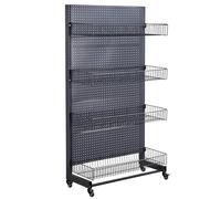 Retail Gondola Shelving Display Rack, Standing Pegboard Display with Wheels, Single-Sided Supermarket Shelves with Hanging Basket for Office Supply