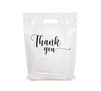 Retail Plastic Merchandise Bags, Die Cut Handles, Strong, Tear Resistent, different Sizes and Colors. Perfect for Retail Stores, Parties or Any Events. Packs 100/200/500 (100, White Thank You, 12x15")