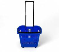 Retail Shop Blue Supermarkets Basket Plastic Shopping Basket With Wheels And Telescopic Handle 34L | Rolling Shopping Trolley Basket On Wheels (1)