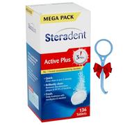 Retainer & Denture Cleaner, 136 Tablets Active Plus + Aligner Removal Tool | Daily Hygiene Kit With Steradent Mega Pack For All Dental Appliances Including Invisalign & Mouthguards Fresh Brite Cleaning