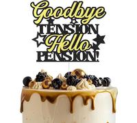 Retirement Cake Topper - Happy Retirement Cake Decor with Funny Saying "Goodbye TENSION, Hello PENSION!" - Elegant Black Gold Party Decoration for Adult Celebration 2.2 五点描述