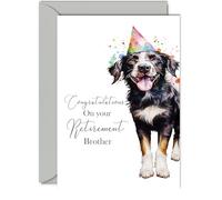 Retirement Card for Brother - Party Dog - Leaving Cards for Brother from Sister Brother, Congratulations on your Retirement, A5 Happy Retirement Card Greeting Cards