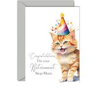 Retirement Card for Step Mum - Party Cat Kitten - Leaving Cards for Step Mum from Step Son Step Daughter, Congratulations on your Retirement, A5 Happy Retired Card Greeting Cards