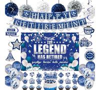 Retirement Decorations Balloons Banner Kit - 39 Pcs Blue Silver Happy Retirement Decoration Banner Balloon Hanging Swirls Backdrop Cloth Pom Pom Cake Topper For Women Men Retire Party Supplies Decor