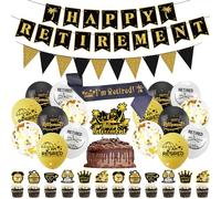 Retirement Decorations Banner Balloons Kit - 32 Pcs Happy Retire Banners Balloon Triangular Flag Cake Topper Shoulder Straps Black Gold Decoration For Men Women Retirement Office Work Graduation Gift