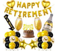 Retirement Decorations for Women Men - Black Gold Happy Retirement Banner Cake Topper I'm Retired Sash Cheer foil Balloon Confetti Balloons, Office Retirement Party Supplies