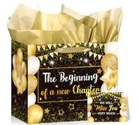 Retirement Gift Bag for Men Women Black Gold Retirement Gifts Wrapping Paper Bag with Greeting Card The Beginning of a New Chapter Coworker Farewell Going Away Party Decorations Supplies Favors Gifts