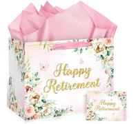 Retirement Gift Bag with Tissue Paper and Greeting Card Retirement Gifts Wrapping Paper Bag Retired Gifts for Women Pink Flower Happy Retired Party Bag Farewell Party Supplies Decorations