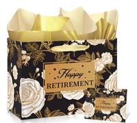Retirement Gift Bag with Tissue Paper and Greeting Card Retirement Gifts Wrapping Paper Bag Retired Gifts for Women Black Gold Flower Happy Retired Party Bag Farewell Party Supplies Decorations