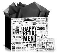 Retirement Gift Bags with Wrapping Tissue Paper and Greeting Card Large Black White Happy Retirement Wrapping Gift Bag for Men Women Office Coworker Farewell Going Away Party Supplies Favors Wrap Bags
