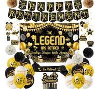 Retirement Party Decorations Banner Balloons - Black Gold The Legend Has Retired Backdorp Decor Set with Paper Pompoms,Happy Retirement Cake Topper Hanging Swirls for Men Women