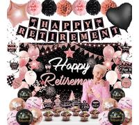 Retirement Party Decorations for Women,Rose Gold Happy Retirement Decorations,Happy Retirement Banner,Retired Balloons,Backdrop,Sash,Pompoms,Swirls Hanging Card,Retired Cake Topper for Female