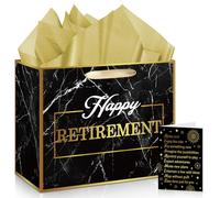 Retirement Party Gift Bag Large Black Gold Happy Retirement Wrapping Gift Bag and Congratulation Card with Tissue Paper for Men Women Office Coworker Farewell Going Away Party Favors Wrap Bag Supplies