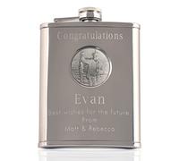 Retirement Personalised Engraved 6oz Stainless Steel Hip Flask with Solid Pewter Fly Fishing Feature