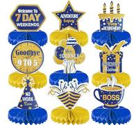 Retirement Table Decorations Blue and Gold - 9 Pieces Happy Retirement Honeycomb Centerpieces for Women and Men, Retired New Beginnings Party Supplies for Office Farewell Party
