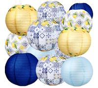 Retisee 12 Pcs 10'' Capri Lemon Pattern Paper Lantern Party Supplies for Bridal Shower Wedding Amalfi Coast Blue Yellow Tiles Mediterranean Party Paper Lantern Hanging Decor for Lemon Birthday