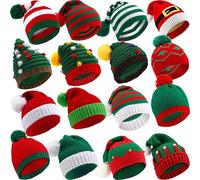 Retisee 16 Pcs Knitted Christmas Hat Red White Green Elf Hats with Pompom Santa Christmas Beanie Bulk Crochet Holiday Hats for Adults (Classic)