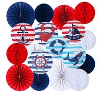 Retisee 18 Pcs Nautical Beach Theme Party Decorations Paper Lanterns Fans Honeycomb Decorations Kit Cruise with Anchor Ship Wheel Paper Lanterns Fans Honeycomb Ball for Birthday Party Supplies