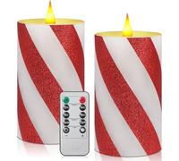Retisee 2 Pcs Candy Cane Flameless Candles Striped Flickering LED Real Wax with Remote Timer Battery Operated Fake Candle Wide Glitter Stripe Pillars for Party Decor(3" X 5",Red)