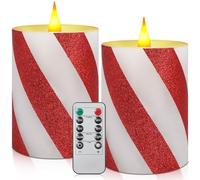 Retisee 2 Pcs Christmas Flickering Flameless Candy Cane Striped Flame LED Candles Real Wax with Remote Timer Battery Operated Fake Candle Wide Glitter Stripe Pillars for Party Decor (Red,3" X 4")
