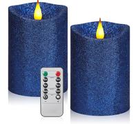 Retisee 2 Pcs Glitter Flameless Candles, 3.5'' x 5'' Realistic Artificial Metallic Flame LED Candles Battery Operated Candle with Remote for Christmas, Wedding, Birthday, Anniversary(Blue)