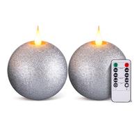 Retisee 2 Pcs Glitter Sphere Flameless Candles 4.5″ x 3.8″ Real Wax LED Round Candles Battery Operated with Remote Timer, 3D Wick Flickering Candle Ball for Christmas Party Wedding Decor (Silver)
